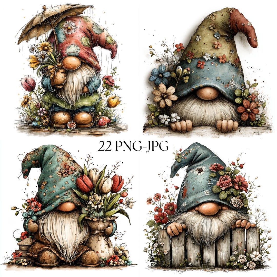Whimsical Spring Gnome Clipart, 22 PNG-JPG Spring Garden Gnome, Digital ...