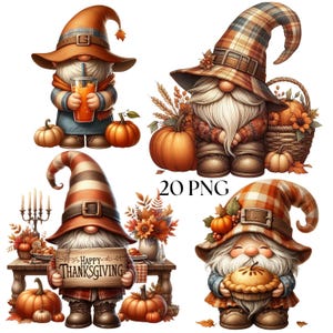 May include: Thanksgiving-themed digital art featuring four gnomes. Each gnome wears a hat and holds items like a drink, pumpkin, basket, and pie. The image includes pumpkins, wheat, and the text "HAPPY THANKSGIVING".