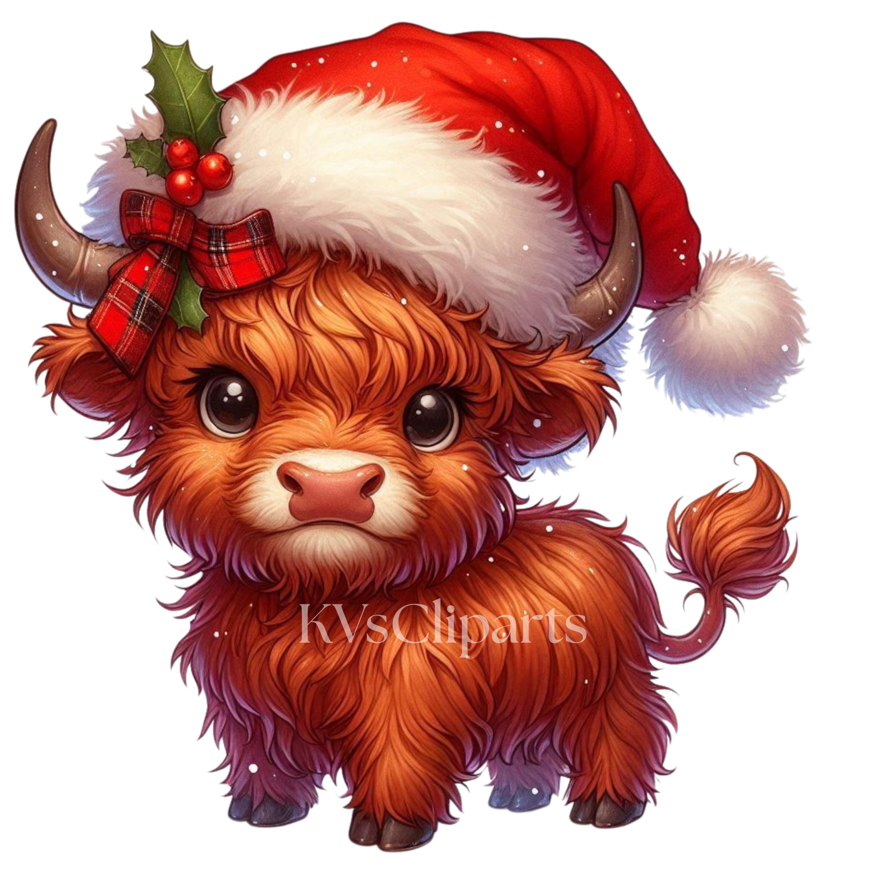 Christmas Highland Cow Clipart, 15 PNG Winter Holiday Baby Cow, Cute ...
