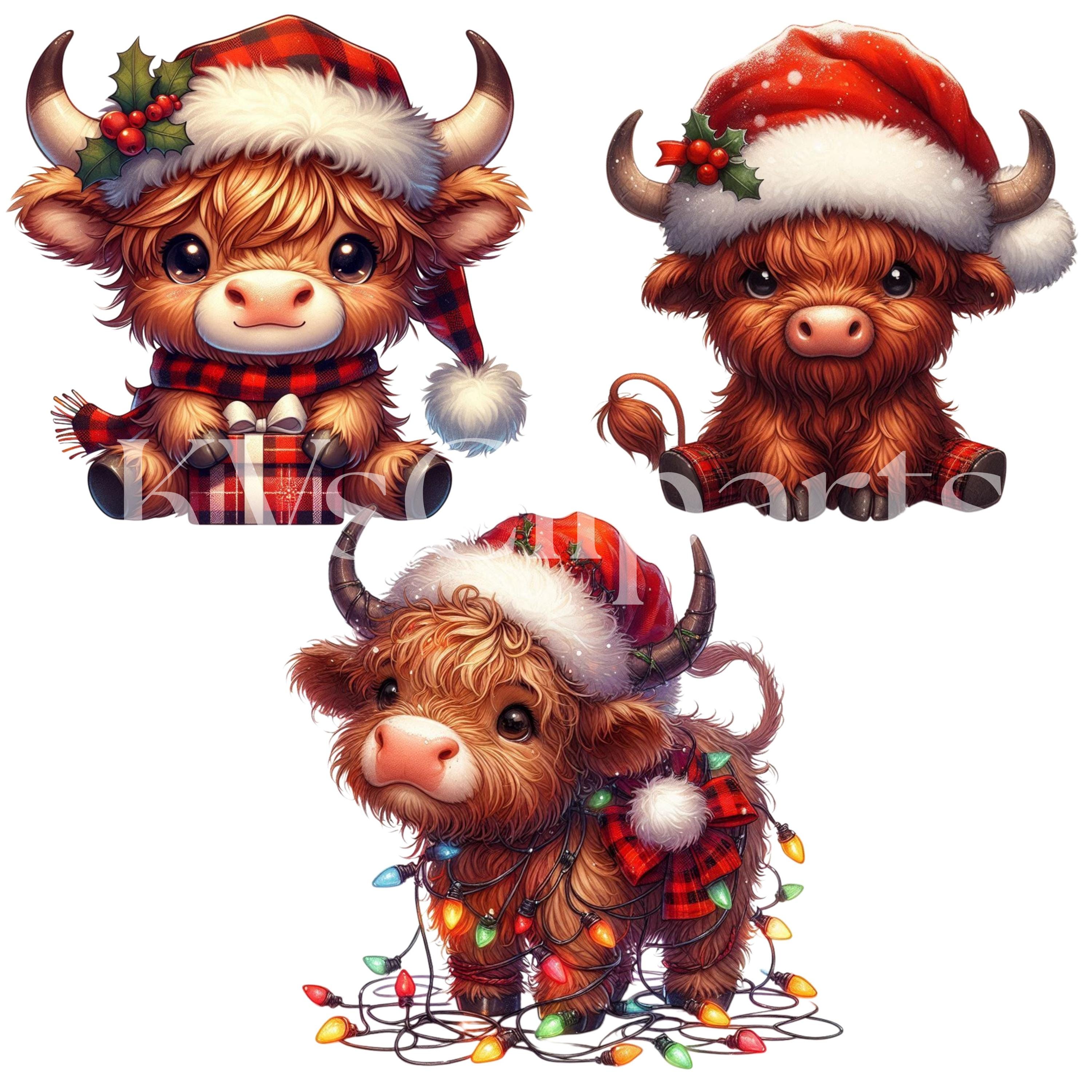 Christmas Highland Cow Clipart, 15 PNG Winter Holiday Baby Cow, Cute ...