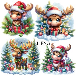 Peut inclure: Quatre illustrations numériques de wapitis de dessin animé dans des décors de Noël festifs. Chaque wapiti porte un bonnet de Père Noël et est entouré de cadeaux, de neige et de sapins. Une image comprend le texte "11 PNG".