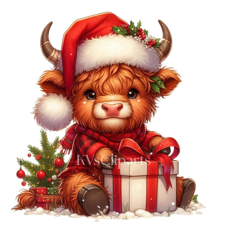 Christmas Highland Cow Clipart, 15 PNG Winter Holiday Baby Cow, Cute ...