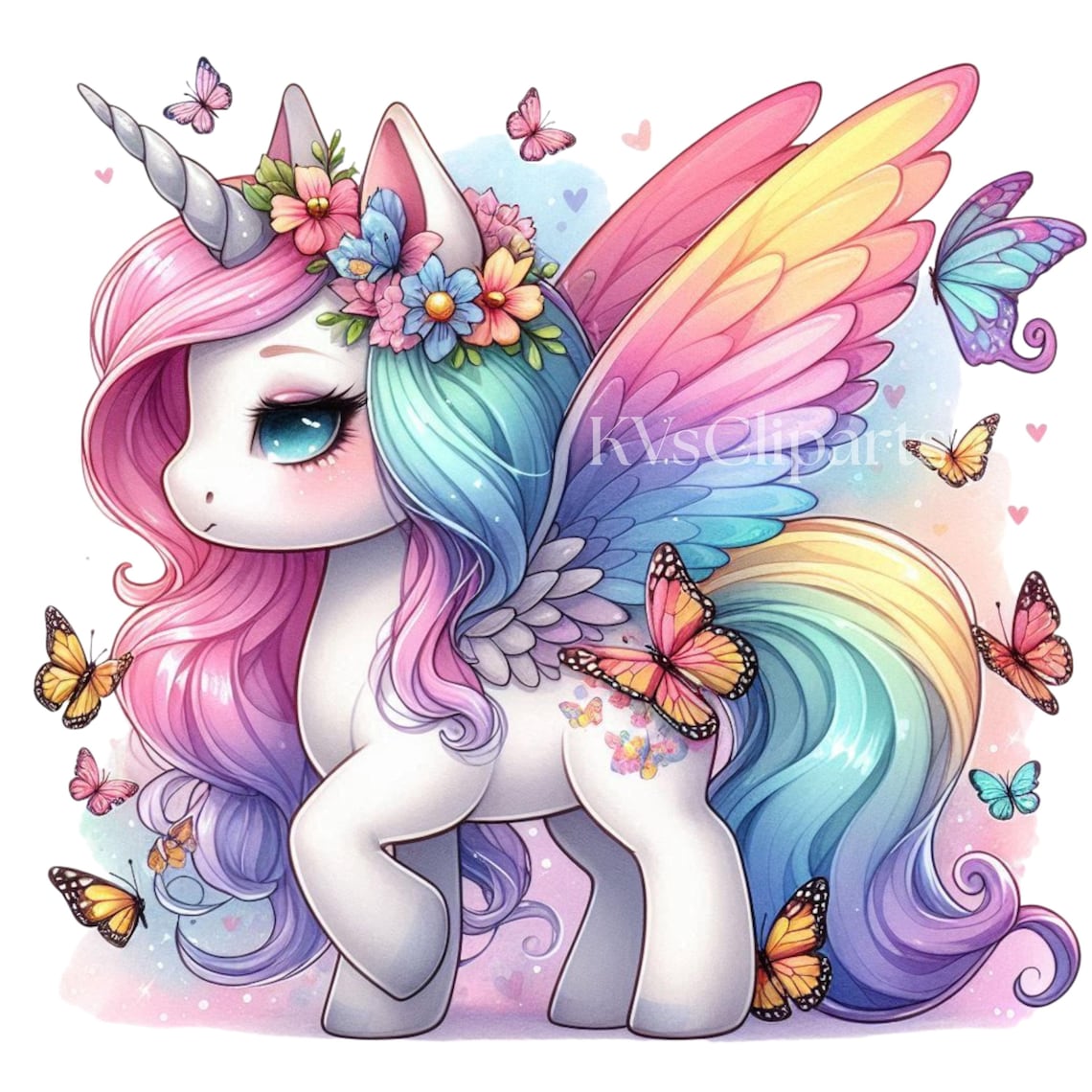 Pastel Unicorn With Butterflies Clipart, 14 PNG Watercolor Cute Magical ...