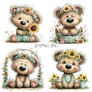 Vår Sommar Nallebjörn Clipart Bundle, 20 PNG-JPG Akvarell Blommig Solros Babybjörn, Cottagecore Woodland Barnkammare Sublimering Art Deco