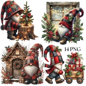 May include: Digital illustrations of Christmas gnomes in various poses. Each gnome wears a red and black plaid hat and outfit. One gnome stands next to a small Christmas tree. Other gnomes are near a window, a wooden house, and a wagon filled with gifts.