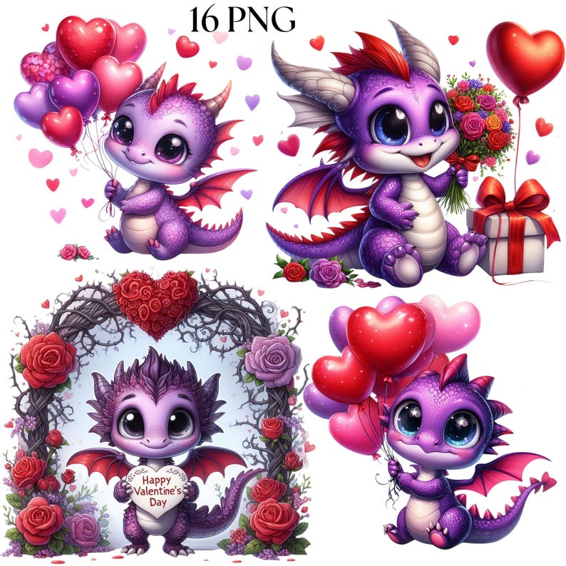 Purple Valentine Dragon Clipart, 14 PNG Valentines Day Graphics, Love ...