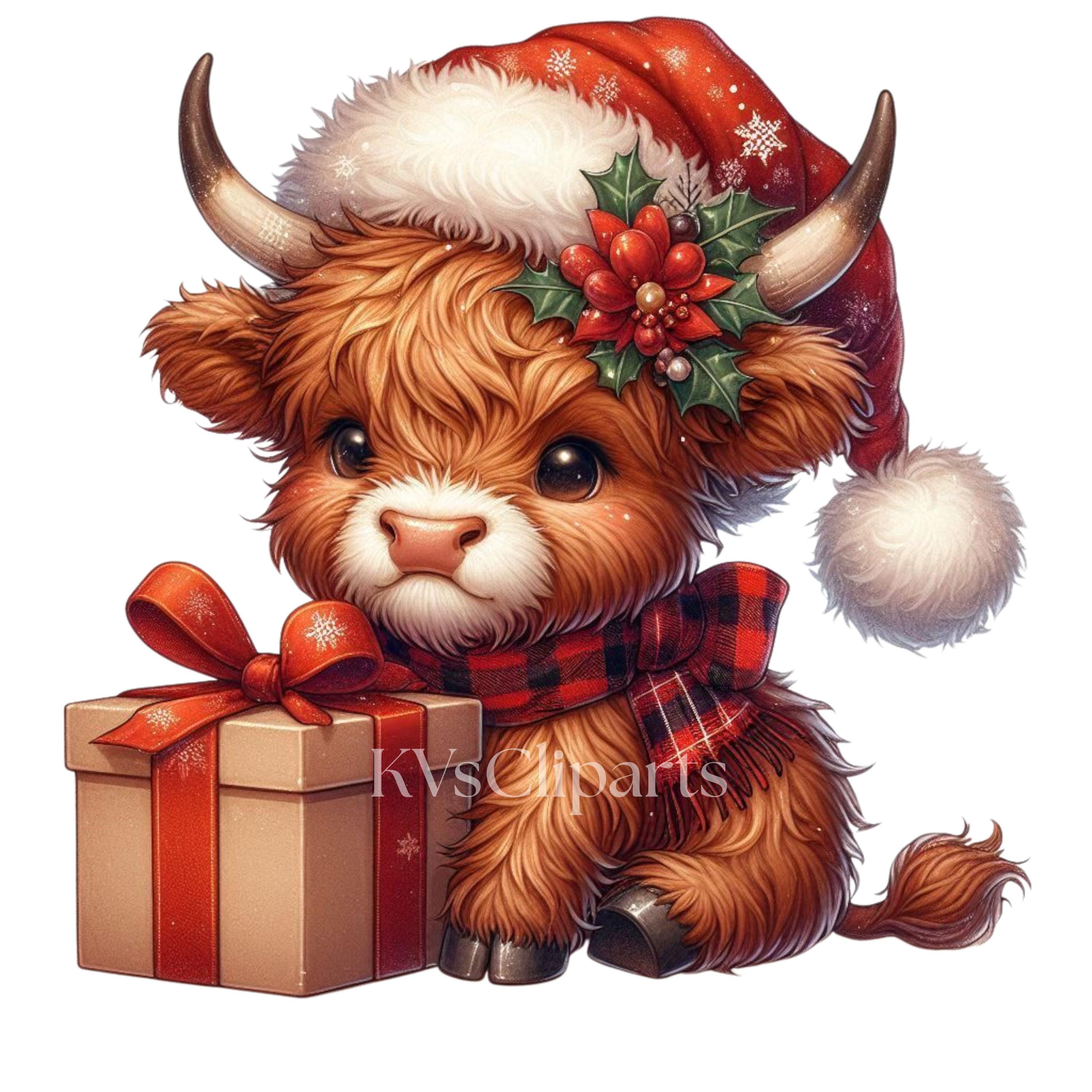 Christmas Highland Cow Clipart, 15 PNG Winter Holiday Baby Cow, Cute ...