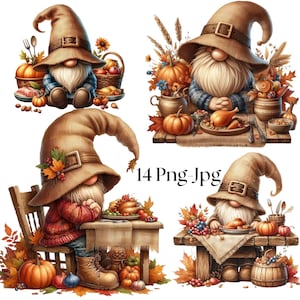 May include: A digital illustration featuring four Thanksgiving gnomes. Each gnome wears a brown hat and is surrounded by pumpkins, autumn leaves, and food. The image includes the text "14 Png-Jpg".