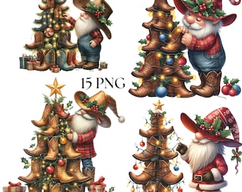 Sapin de Noël bottes de cow-boy Gnome Clipart, 15 PNG nain de vacances Western, nain de cow-boy, arbre de Noël, usage Commercial imprimables art numérique