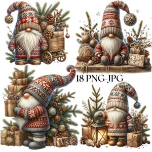 May include: Four Christmas gnome illustrations. Each gnome wears a red, gray, and white patterned hat and sweater. One gnome pulls a wooden cart, another holds a gift, and another is next to a lantern. The text "18 PNG-JPG" is visible.