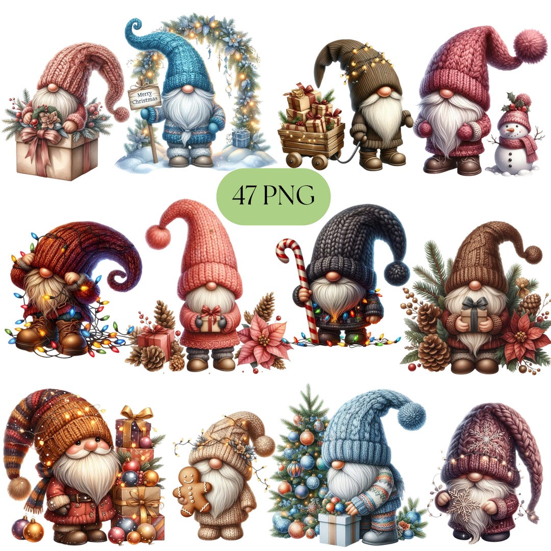 Christmas Gnome Bundle Clipart, 47 PNG Rustic Winter Holiday Gnomes ...
