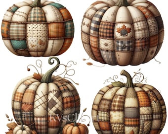 Clipart di zucca patchwork, zucca autunnale rustica trapuntata, 14 PNG di zucca autunnale, sublimazione di zucca da fattoria, artigianato d'arte digitale per scrapbooking