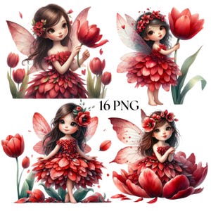 Puede incluir: Cuatro ilustraciones digitales de hadas con vestidos de pétalos rojos, alas y coronas de flores. Cada hada sostiene un tulipán rojo. El texto "16 PNG" está en el centro de la imagen.