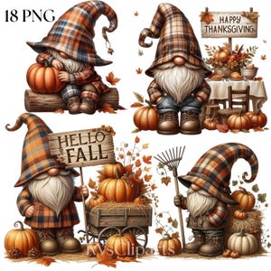 May include: A set of autumn-themed gnome illustrations. Each gnome is dressed in a plaid hat and outfit, holding pumpkins, a rake, or a sign saying "Hello Fall" or "Happy Thanksgiving". The colour scheme features orange, brown, and beige.
