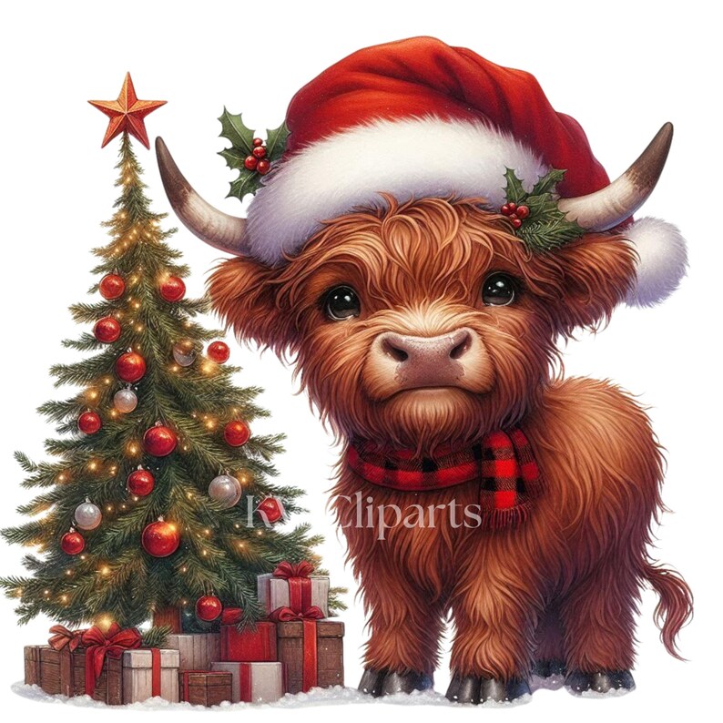 Christmas Highland Cow Clipart, 15 PNG Winter Holiday Baby Cow, Cute ...