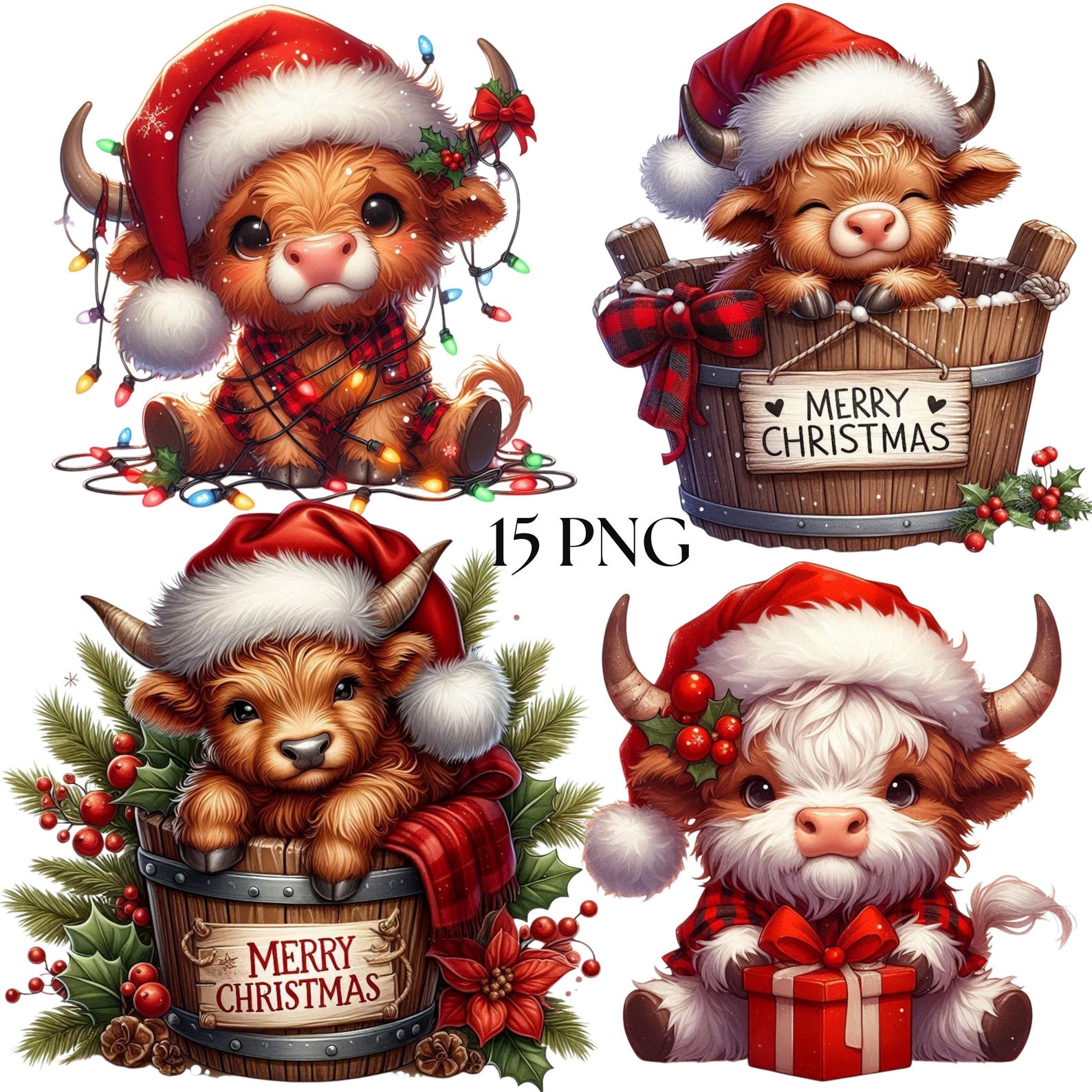 Christmas Highland Cow Clipart, 15 PNG Winter Holiday Baby Cow, Cute ...