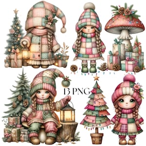Può includere: Un'illustrazione digitale con diversi gnomi a tema natalizio e un albero di Natale. Gli gnomi indossano cappelli e cappotti patchwork in colori pastello. L'immagine include scatole regalo, pigne e un fungo con luci.
