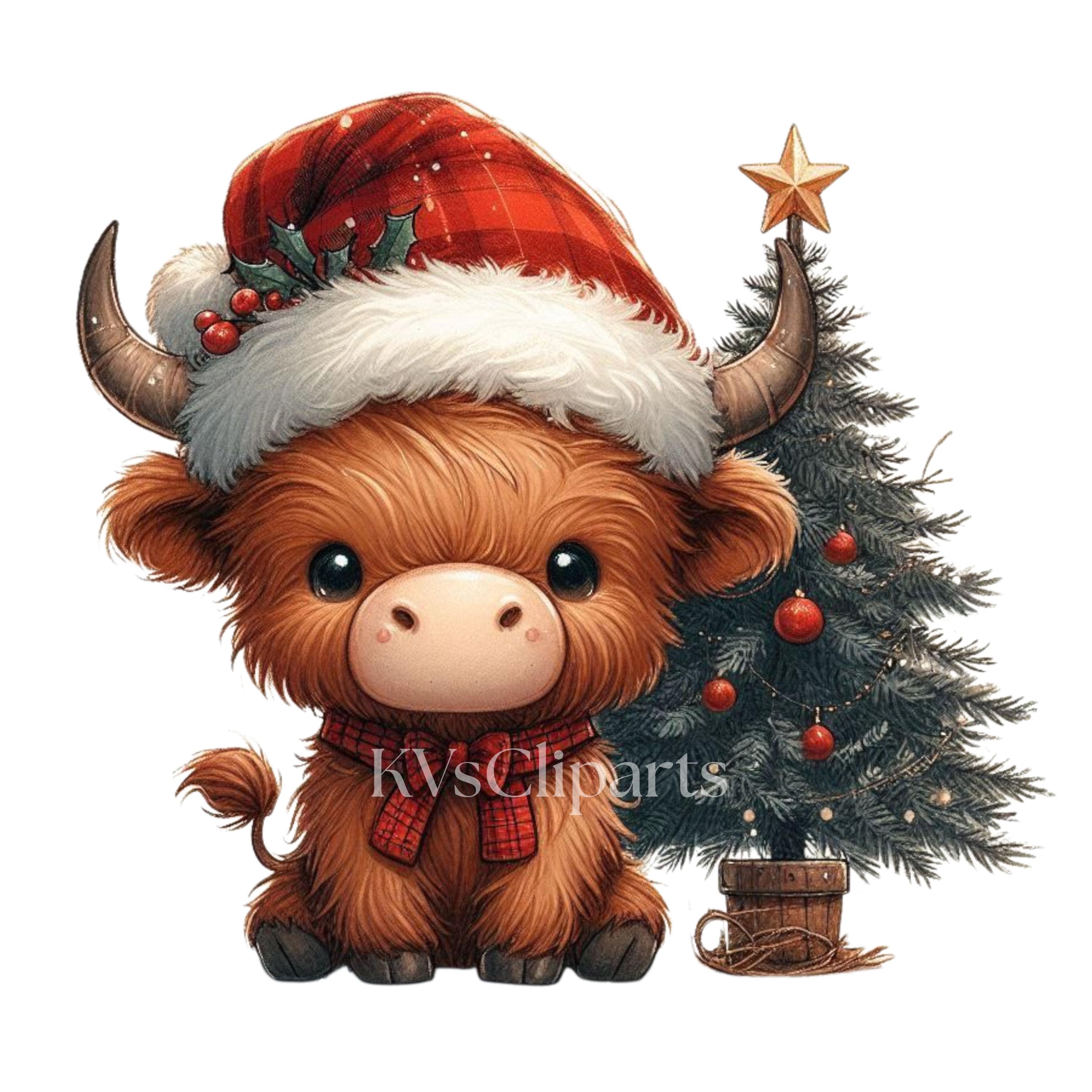 Christmas Highland Cow Clipart, 15 PNG Winter Holiday Baby Cow, Cute ...