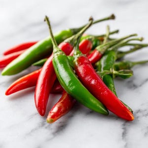 May include: A close-up of a pile of red and green chili peppers. The peppers are vibrant in color, with some fully red and others a bright green. The peppers are arranged on a white marble surface.