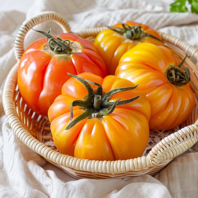 May include: A woven basket filled with ripe heirloom tomatoes. The tomatoes vary in color from orange to yellow and red, with green stems. The basket is set on a white cloth, creating a rustic and fresh aesthetic.