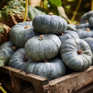 May include: A pile of blue-gray pumpkins with textured skin and brown stems, displayed in a rustic wooden crate. The pumpkins are round and have a slightly flattened shape. The background features green foliage.
