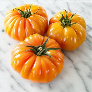 May include: Three ripe, heirloom tomatoes with a vibrant orange hue. The tomatoes have a ribbed texture and are topped with green stems. The image is a close-up shot, highlighting the freshness and natural beauty of the produce.