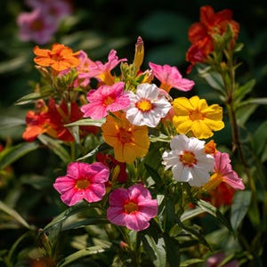 May include: A close-up of vibrant flowers in shades of orange, pink, yellow, and white. The flowers have a trumpet-like shape with yellow centers and are surrounded by green leaves. The image is well-lit, highlighting the colors and textures of the blooms.
