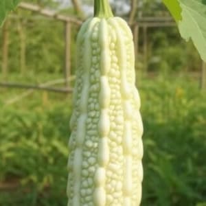 May include: A close-up of a white, elongated fruit hanging from a green stem with large leaves. The fruit has a textured surface with vertical ridges and small bumps. The background is blurred with green foliage.