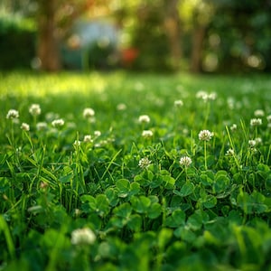 May include: A close-up shot of a lush green field filled with clover and grass. White clover flowers dot the landscape, with a blurred background of trees and sunlight. The image evokes a sense of nature and tranquility.