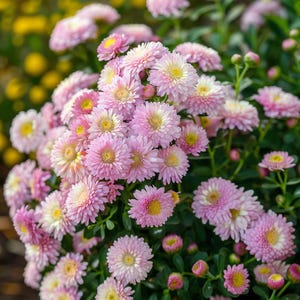 May include: Close-up of a cluster of pink chrysanthemum flowers with yellow centers. The petals are a soft pink, and the flowers are in full bloom. Green leaves and buds surround the flowers, creating a vibrant display.