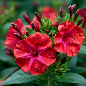 May include: A cluster of vibrant red four o'clock flowers with five rounded petals each, featuring visible water droplets on the surface. The plant includes several dark red, unopened flower buds and green leaves, all captured in a close-up view.