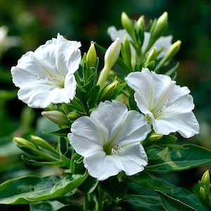 May include: A cluster of white four o'clock flowers with five delicate, rounded petals and a central stamen. The blossoms are surrounded by vibrant green leaves and several unopened, slender, pale green flower buds on thin stems.