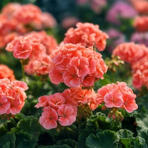 May include: Close-up of vibrant coral-colored geranium flowers in full bloom. The flowers have multiple layers of delicate petals and are surrounded by lush green foliage. The image showcases the natural beauty of the geranium plant.