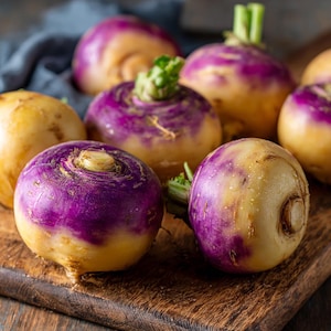 May include: A close-up shot of several fresh turnips on a wooden cutting board. The turnips have a vibrant color gradient, with purple tops and creamy yellow bottoms. Some have green stems, showcasing their freshness. The wooden board adds a rustic touch.