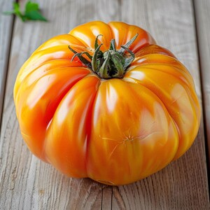 May include: A large, ripe heirloom tomato with a vibrant orange and yellow color. The tomato has a ribbed texture and a green stem. The image is a close-up shot of the tomato on a wooden surface.