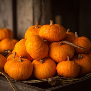 May include: A pile of small, bright orange pumpkins with textured skin and short, brown stems. The pumpkins are stacked on top of each other, creating a rustic, autumnal display. The background is a dark, wooden surface.