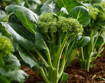 May include: A close-up shot of broccoli plants thriving in a garden setting. The broccoli heads display bright green florets and stems, complemented by large, green leaves. The plants are rooted in dark brown soil, creating a natural, healthy scene.