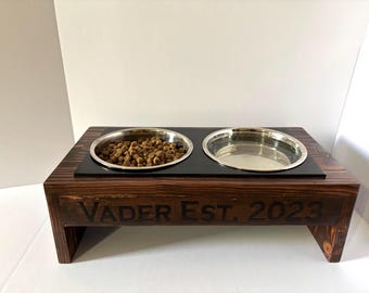 Personalized Solid Wood Dog Bowl Riser with Dog bowls