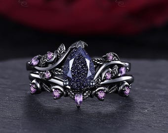 Pear Blue Sandstone Bridal Ring Set, Black Gold Gothic Engagement Ring, Amethyst Dark Vine Wedding Band, Anniversary Promise Ring for Her