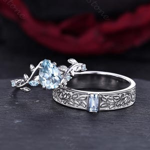 Aquamarine Leaf Couple Rings Set For Men and Women Nature Inspired Wedding Ring Set Silver Leaf Design Promise Ring Handmake Jewelry