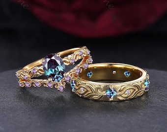 Vintage Alexandrite Couple Rings Victorian Scroll Design Wedding Ring Him & Hers Ring Set Leaf Men Engagement Ring Anniversary Gift for Men