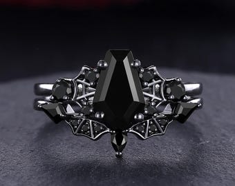 Spider Web Black Onyx Engagement Ring Set Unique Coffin-shaped Black Gemstone Wedding Ring Halloween gift for her and him Gothic Black Rings
