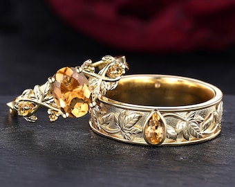 Oval Citrine Couple Ring, Engagement Ring for Her, Matching Pear Citrine Wedding Band for Him, November Birthstone Anniversary Promise Rings