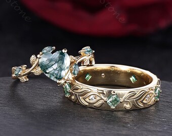 14k Gold Moss Agate Couple Rings Set Twig Leaf Green Stone Engagement Rings Men and Women Wedding Bands Handmade Jewelry Gift for Couples