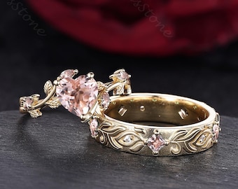 14k Gold Morganite Couple Rings Set Twig Leaf Vine Engagement Rings Men and Women Wedding Bands Handmade Jewelry Gift for Couples