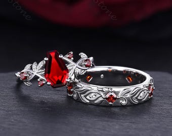 Juego de anillos de pareja de granate de plata esterlina con hojas de ramita y piedra roja, anillos de compromiso para hombres y mujeres, alianzas de boda, joyería hecha a mano, regalo para parejas