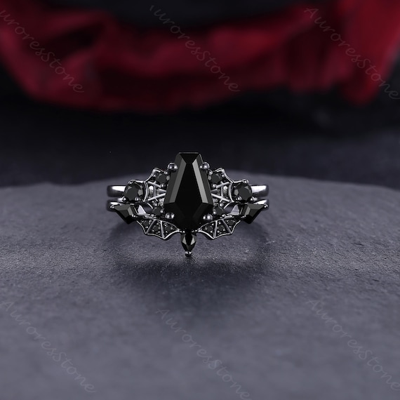 Spider Web Black Onyx Engagement Ring Set Unique Coffin-shaped