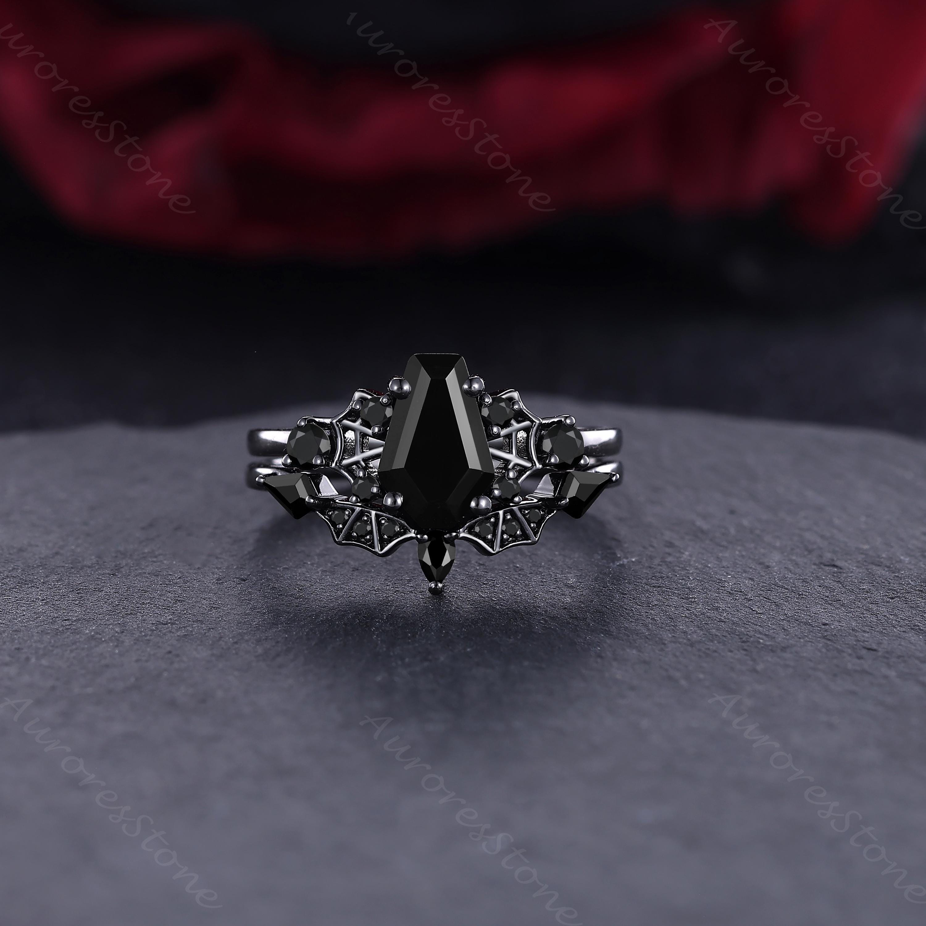 Spider Web Black Onyx Engagement Ring Set Unique Coffin-shaped