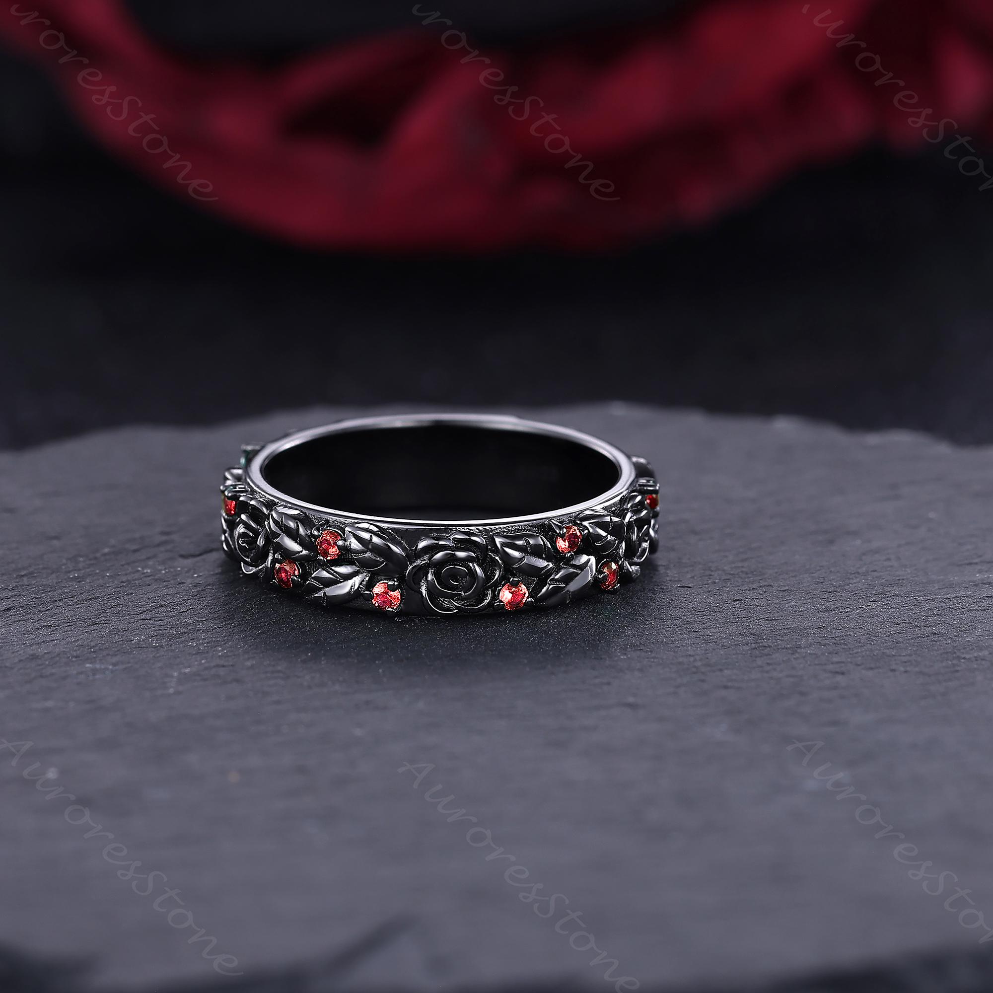 Vintage Garnet Leaf Floral Couple Ring Set Gothic Black Gold Garnet ...