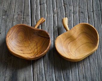 Set of 2 Apple Shaped Teak Wood Dip Sauce Small Bowl Playful Cute Fruit Serving Platter